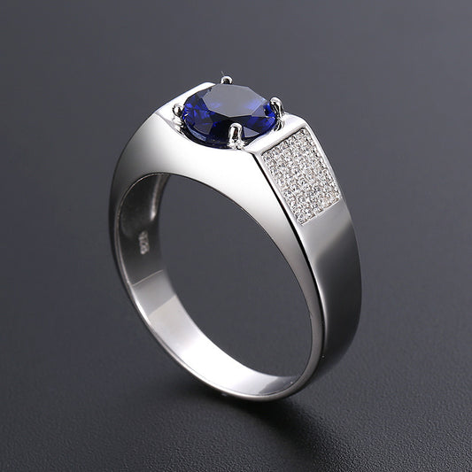 S925 Sterling Silver Personalized Retro Round Sapphire Tightly Embedded Fine Diamond Exquisite Ring