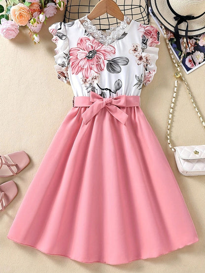 Girls' Flower Print Lace Dress