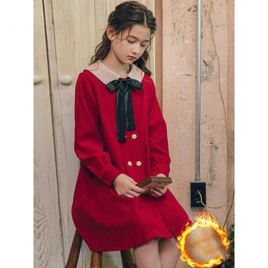 Girls' Western Style Loose Dress Plus Velvet Princess Dress Red Dress