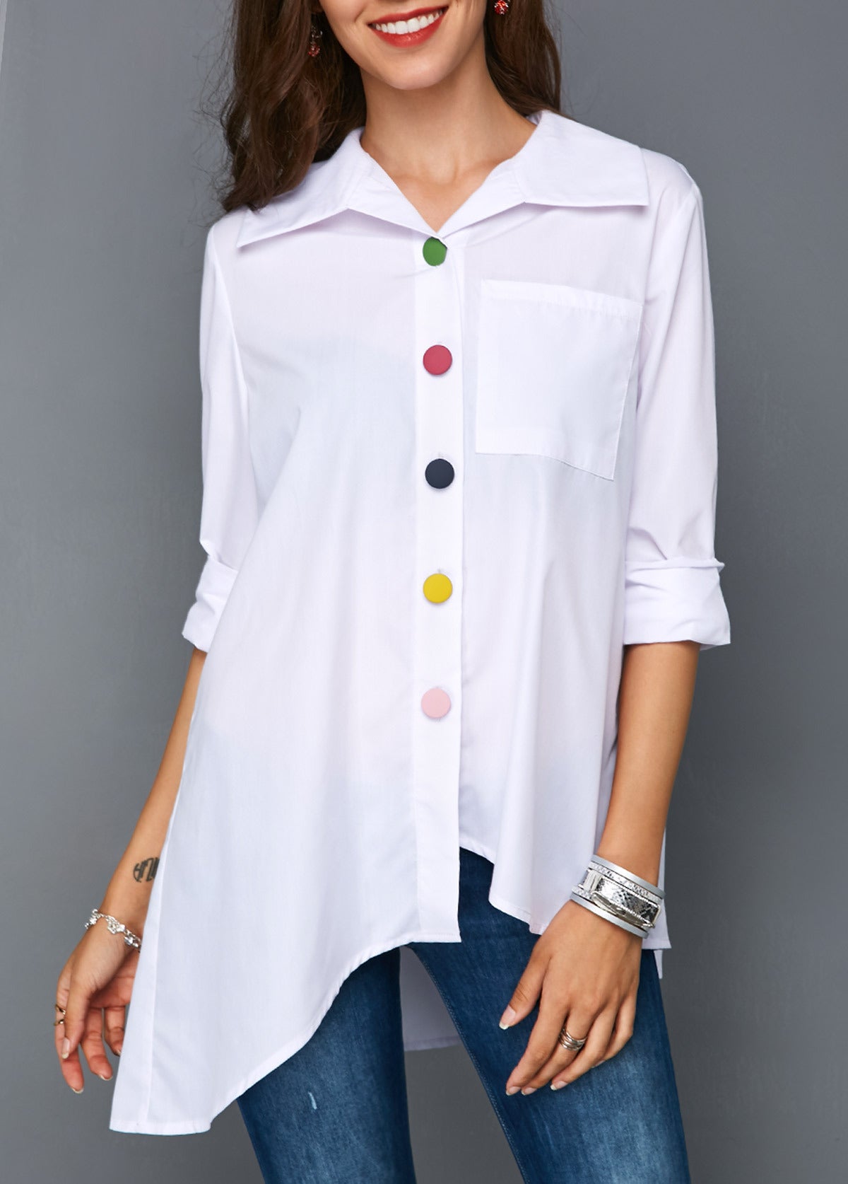 Women white shirt  colorful button simple tops