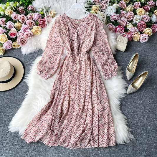 French Retro Puff Sleeve V-neck Floral Dress