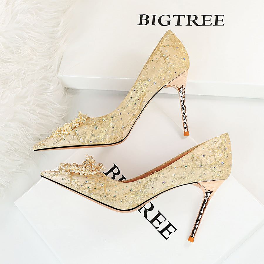 BIG TREE High Heel Pointed Toe Pearl Flower Rhinestone Shoes