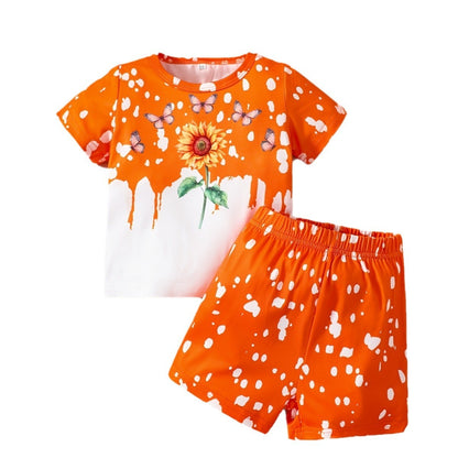 Girls Sunflower And Butterfly Pattern Short Sleeve Top Shorts Suit