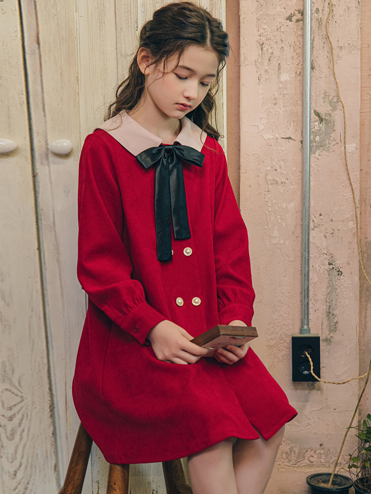 Girls' Western Style Loose Dress Plus Velvet Princess Dress Red Dress