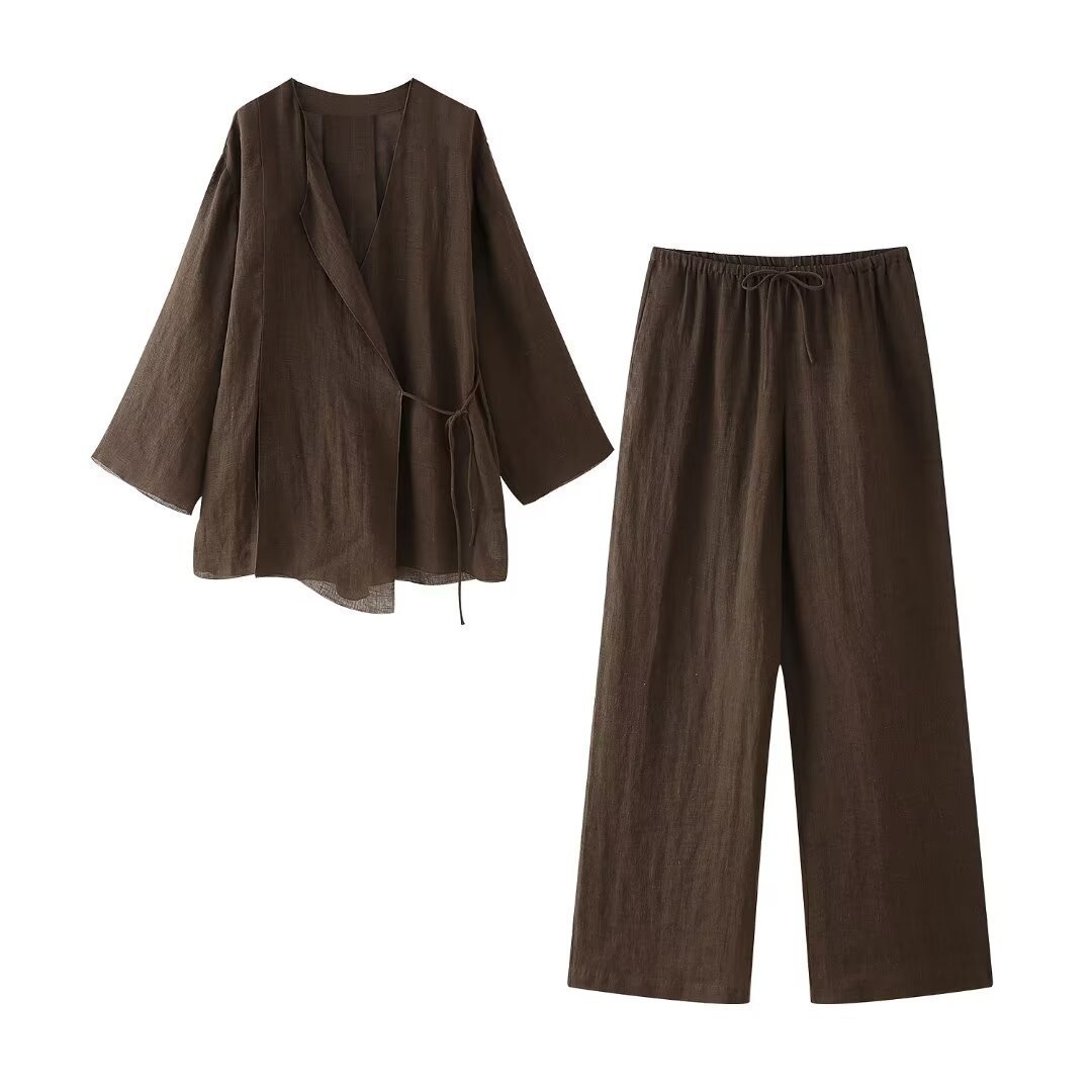 Women's Linen Kimono Cross Coat Straight-leg Pants Suit