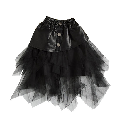 Children's Big Kids Net Gauze Girl Pu Leather Skirt