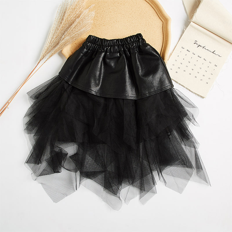 Children's Big Kids Net Gauze Girl Pu Leather Skirt