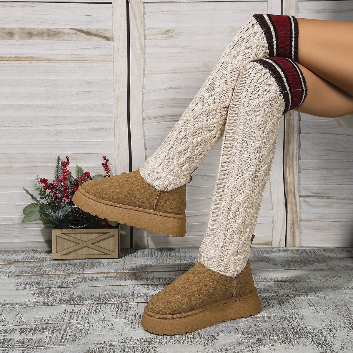 Winter Over-the-knee Boots With Long Knitted Sock Design Fashion Flat Thick-soled Shoes For Women Casual Warm Long Boot