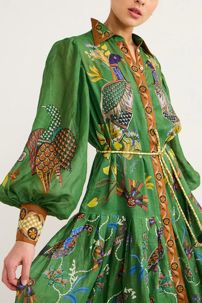 Women's Printed Cardigan Wide Hem Long Sleeve Dress