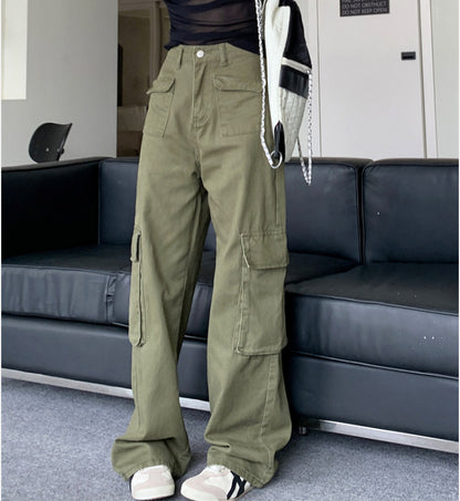 Retro Three-dimensional Pocket Army Green Straight Cargo Pants