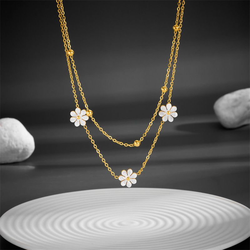 Fashion Jewelry Stainless Steel Flower DaisyFlower Necklace Double Layering Necklace Earrings Jeweley Set