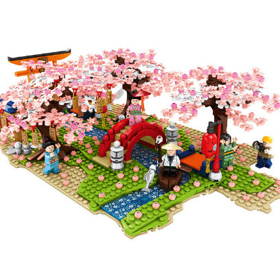 Street View Cherry Blossom Pavilion Building Model Decoration Small Particle Blocks