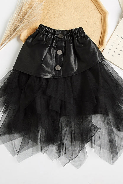 Children's Big Kids Net Gauze Girl Pu Leather Skirt