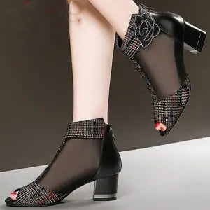 Color Block Thick Heel Sandals Mesh Fish Mouth Sandals Stiletto Boots High Heels