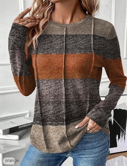 Round Neck Contrast Color Long Sleeve Casual And Comfortable T-shirt