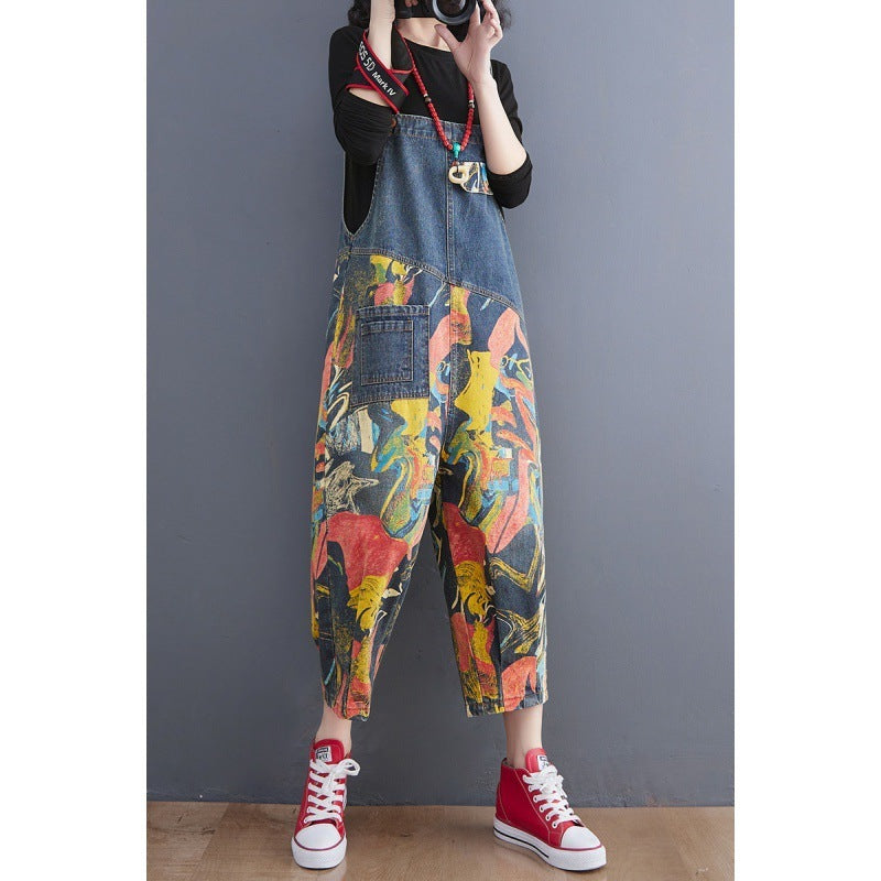 Lean Printed Jeans With Straps And Cropped Trousers For Women