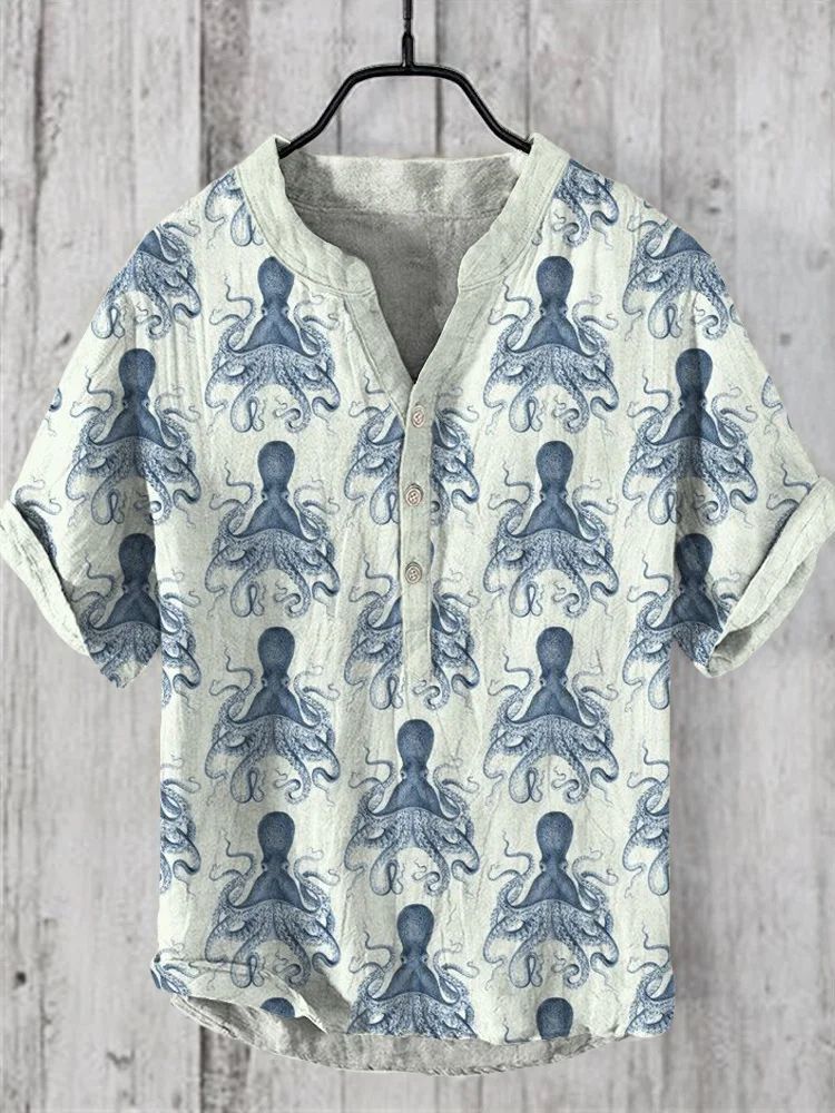 Retro Personalized Printed Casual Short-sleeved Linen Shirt Men's Loose Comfortable Shirt