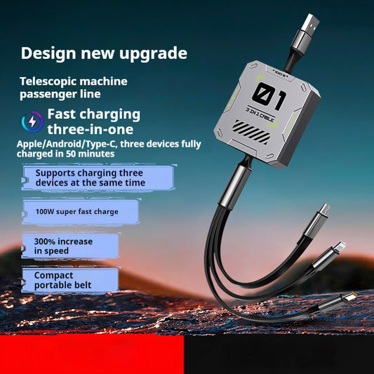 Data Cable Three-in-one 100W Super Fast Charge Telescopic One Drag Three