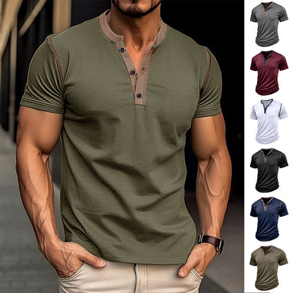 Short-sleeved Polo Shirt Summer Button V-neck T-shirt Tops Mens Clothing