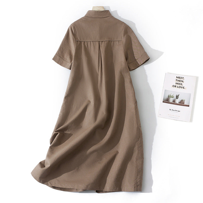 Summer Artistic Loose Solid Color Cotton And Linen Lapel Short Sleeve Dress Women