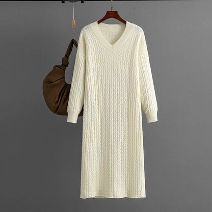 Knitting Dress V-neck Twist Bottoming Sweater Skirt Slit In The Back