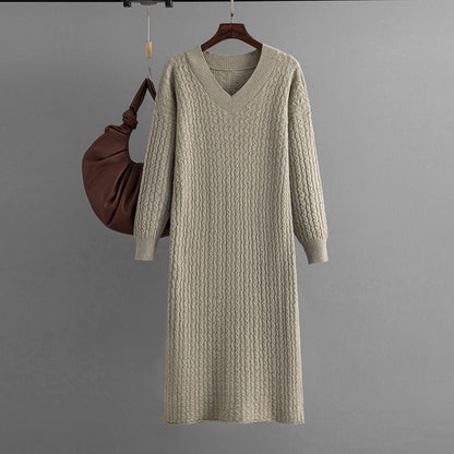Knitting Dress V-neck Twist Bottoming Sweater Skirt Slit In The Back