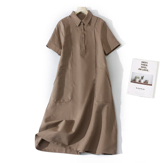 Summer Artistic Loose Solid Color Cotton And Linen Lapel Short Sleeve Dress Women