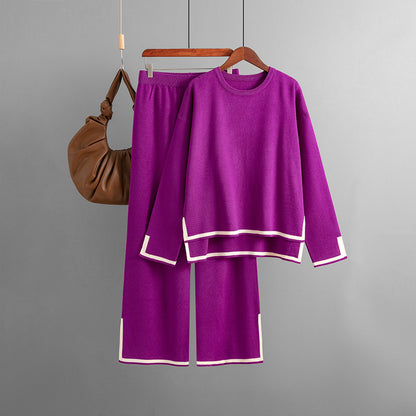 Elegant Contrast Color Split Long Sleeve Knitting Suit High Waist Slim-fit Wide-leg Pants Two-piece Set
