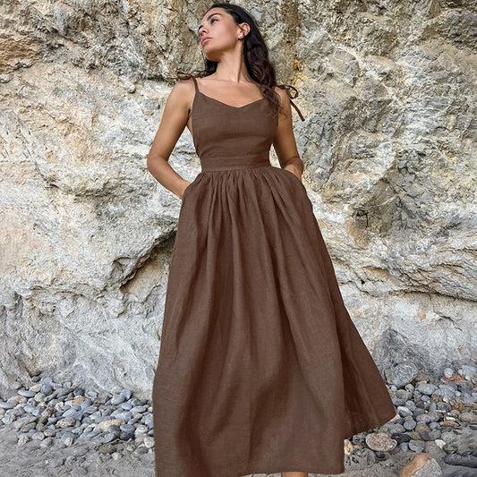 French Cotton And Linen Breathable Strap High Waist Dress Vacation Style Long Skirt For Women