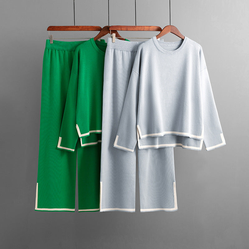 Elegant Contrast Color Split Long Sleeve Knitting Suit High Waist Slim-fit Wide-leg Pants Two-piece Set