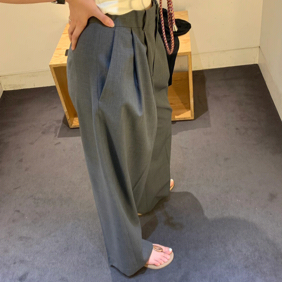 Casual Style Wide Leg Pleated High Waist Trousers Dark Gray