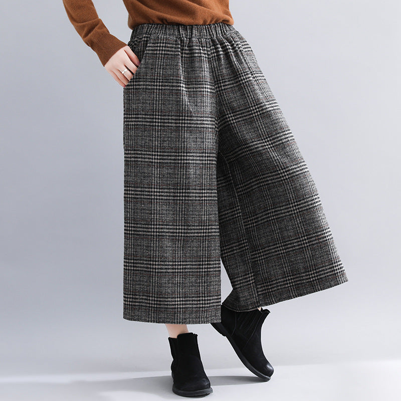 Women's Western Style Checkered Slim Fit Casual Cropped Wide Leg Pants