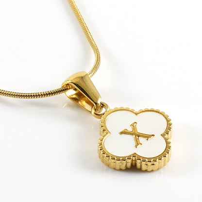 Stainless Steel Four-leaf Clover Shell Letter Pendant Necklace