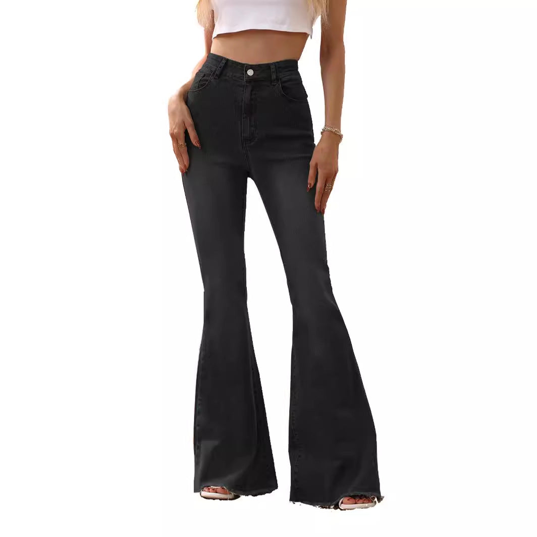 Women's Clothing Slightly Flared Jeans Black Rough Edges Horseshoe Pants
