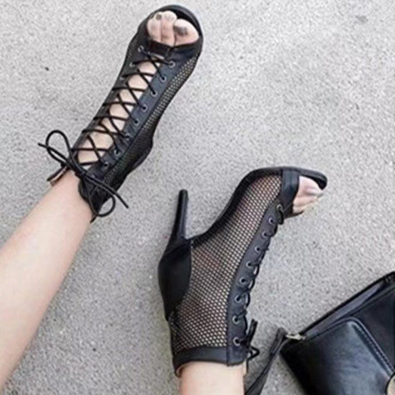 Mesh Shoes European And American Stylish Peep Toe Stiletto Heel Sandals Women