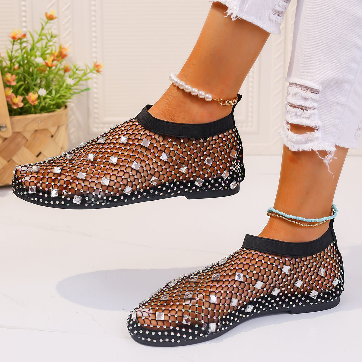 Fashion Mesh Flat Sandals With Colorful Rhinestone Design Summer New Round Toe Beach Shoes For Women