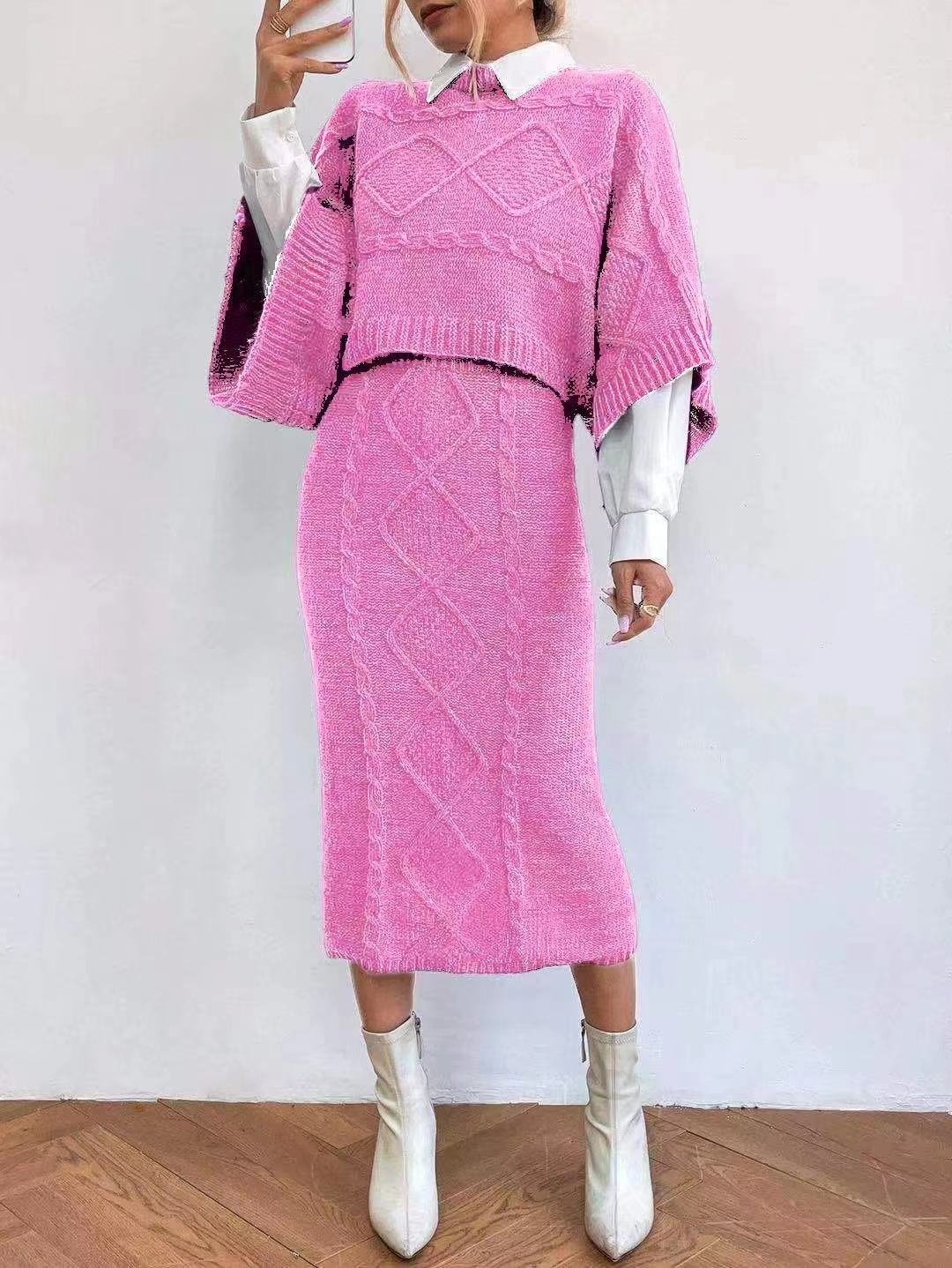 Women's Fashion Cable-knit Sweater Coat Wool Skirt