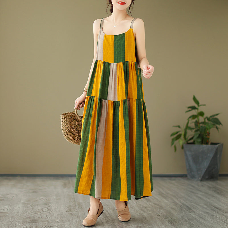 Loose Plus Size Cotton Linen Long Dress Printed Suspender Skirt