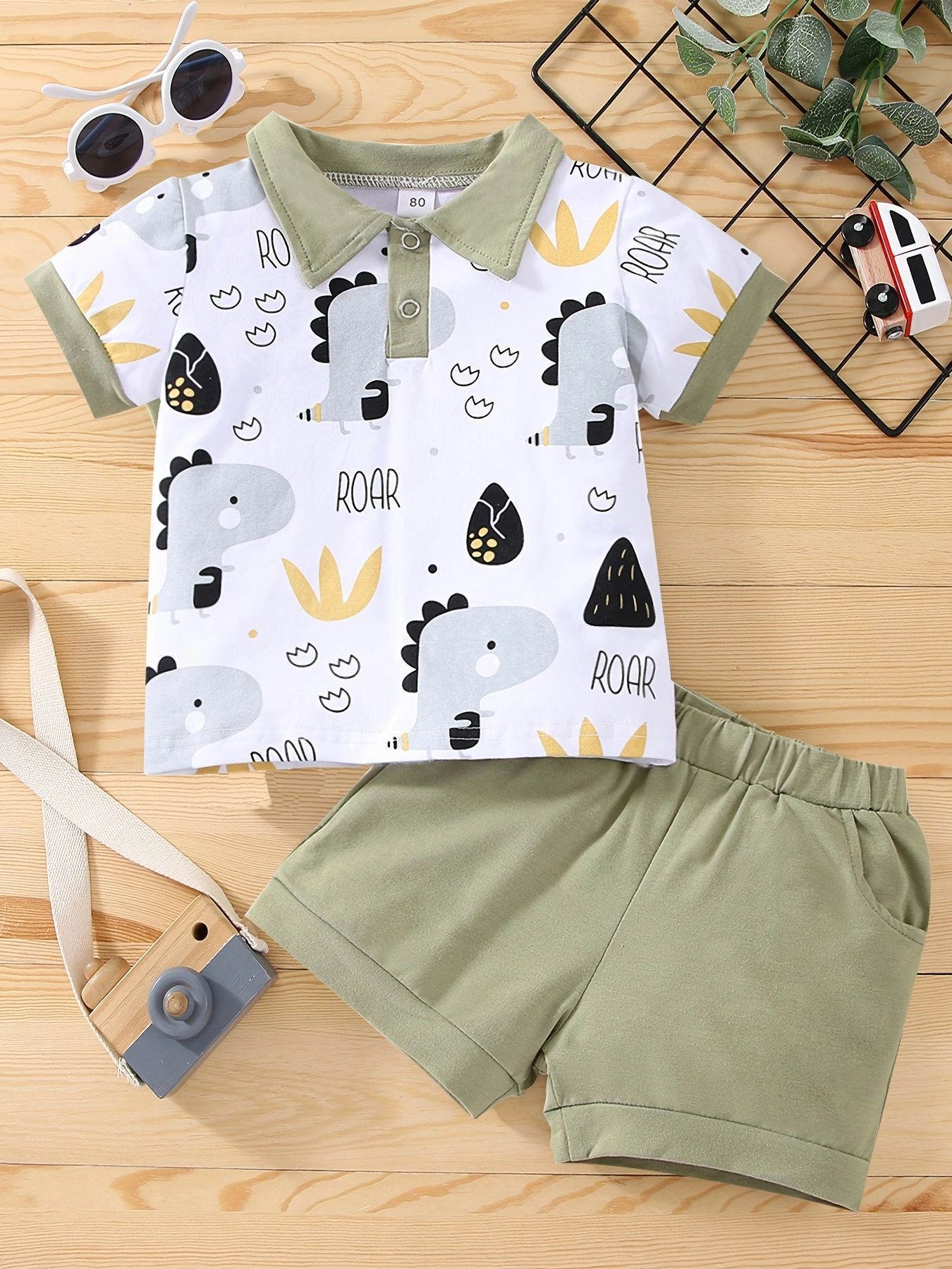 Boy's Little Dinosaur Lapel Cotton Short Sleeve Top Short Pants Suit