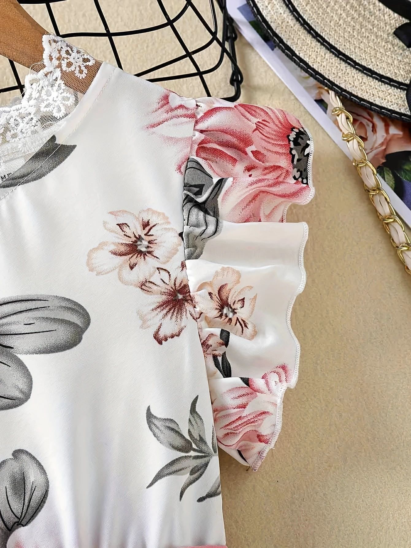 Girls' Flower Print Lace Dress
