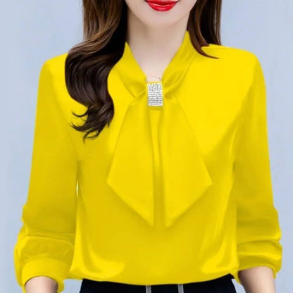 Satin V-Neck Business Temperament Shirt Long Sleeve Bow Solid Color Bow Diamond Top
