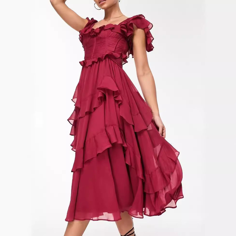 Ruffled Short-sleeved Dress Fashion Backless Square Neck Long Dresses