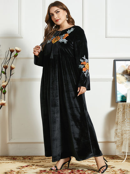 Gold Velvet Ethnic Embroidery Casual Comfortable Long Skirt