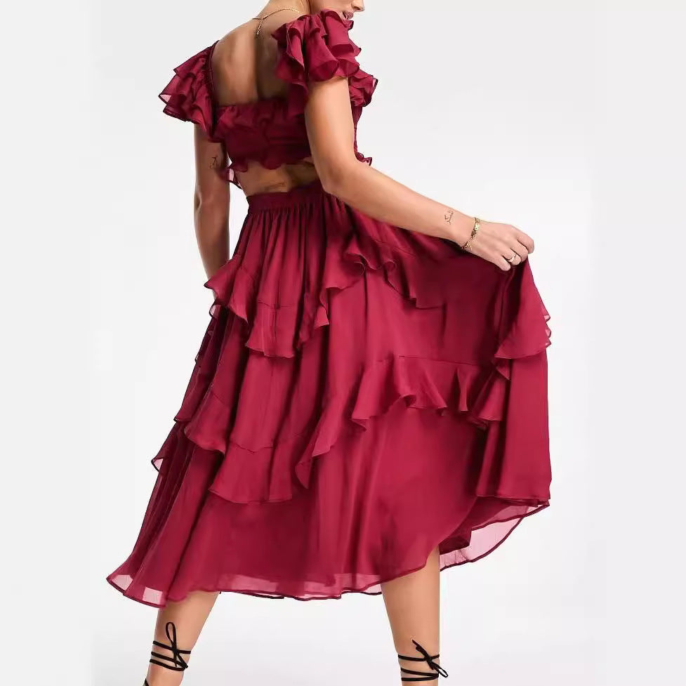 Ruffled Short-sleeved Dress Fashion Backless Square Neck Long Dresses