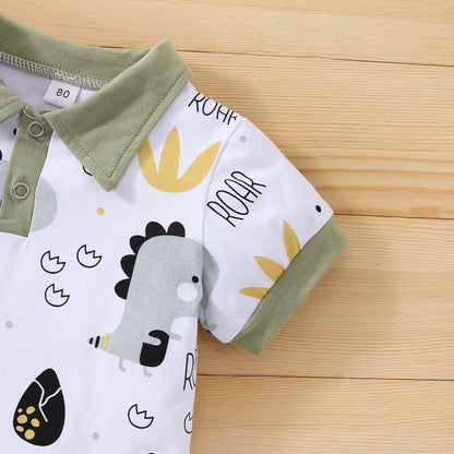 Boy's Little Dinosaur Lapel Cotton Short Sleeve Top Short Pants Suit