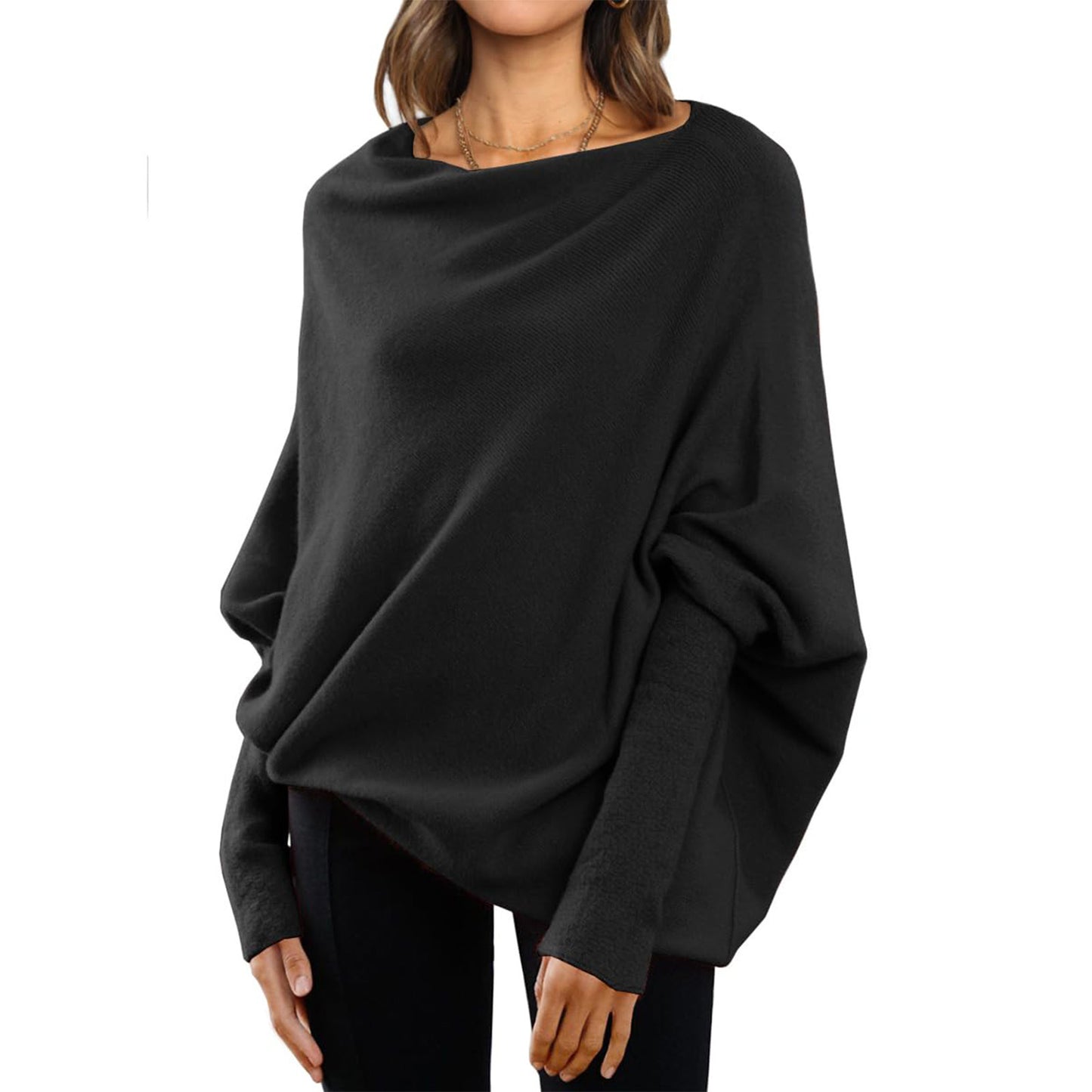 Loose Bat Sleeve Sweater Tops Simple Casual Fashion Versatile Solid Color Round Neck