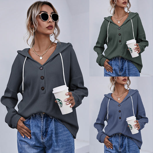 Women's Shirt Button Hooded Solid Color