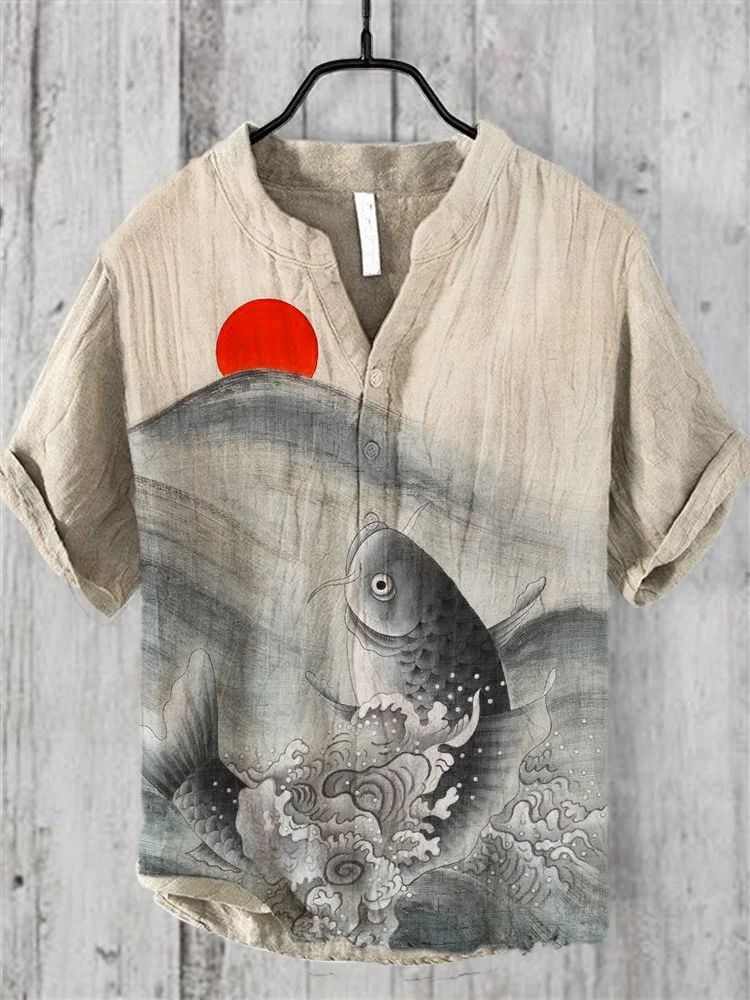 Retro Personalized Printed Casual Short-sleeved Linen Shirt Men's Loose Comfortable Shirt