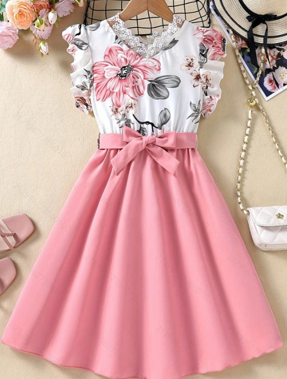 Girls' Flower Print Lace Dress