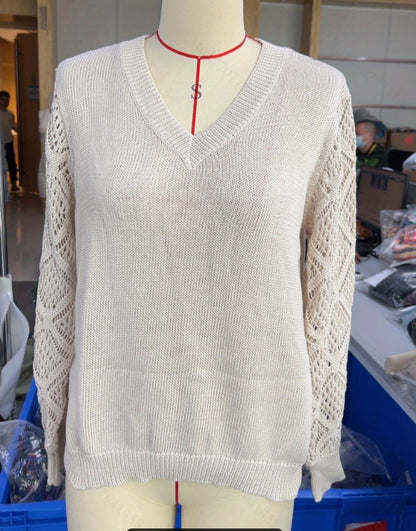 V-neck Hollow Sleeves Solid Color Sweater